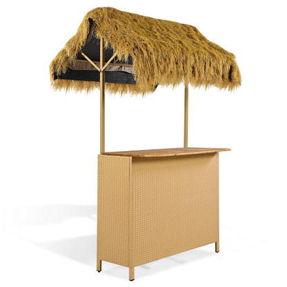 GO Hawaiian-style Bar Height Patio Set with PE Grass Canopy, Outdoor Bar Table and Stools with Adjustable Feet, Acacia Wood Top, for Dining and Drinking, Natural image 8