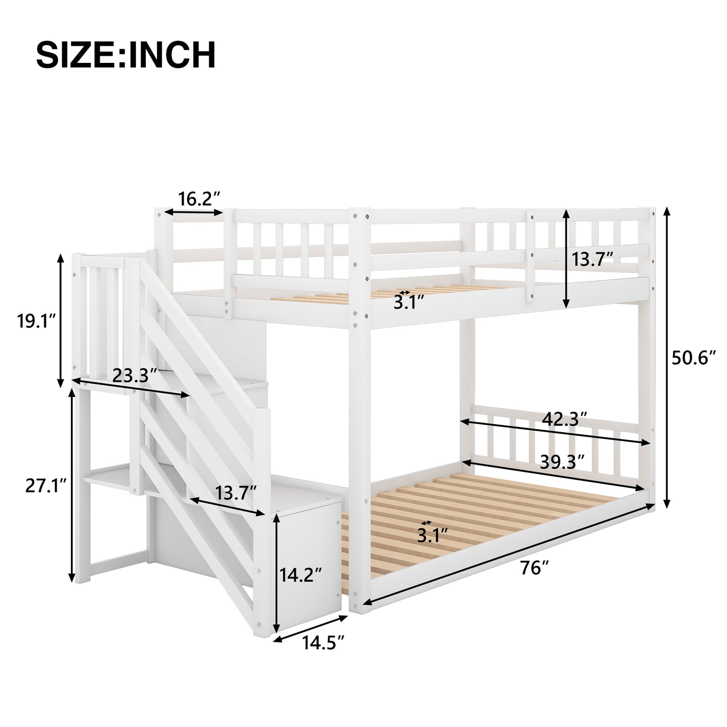 Twin over Twin Floor Bunk Bed, Ladder with Storage, White image 7