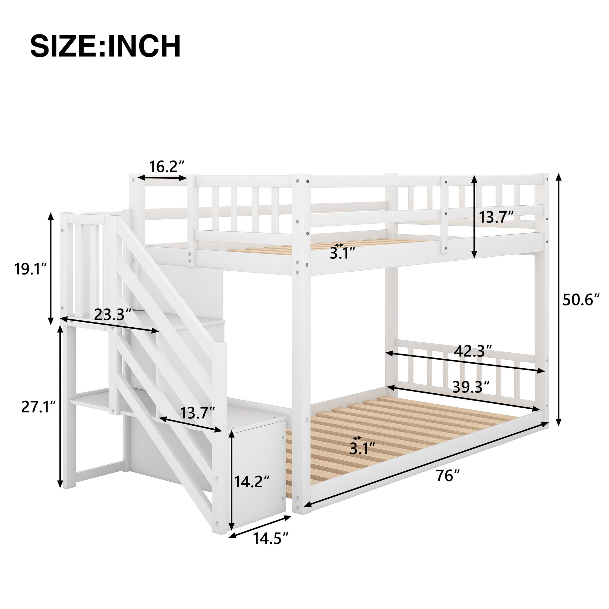 Twin over Twin Floor Bunk Bed, Ladder with Storage, White image 7