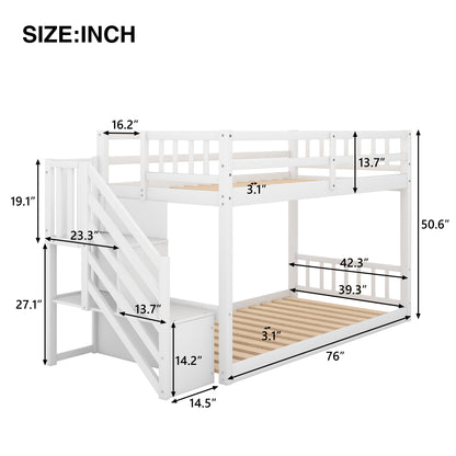 Twin over Twin Floor Bunk Bed, Ladder with Storage, White image 7