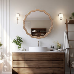 Elegant 23.62-Inch Round Wavy Wall Mirror - Wood Framed Decor