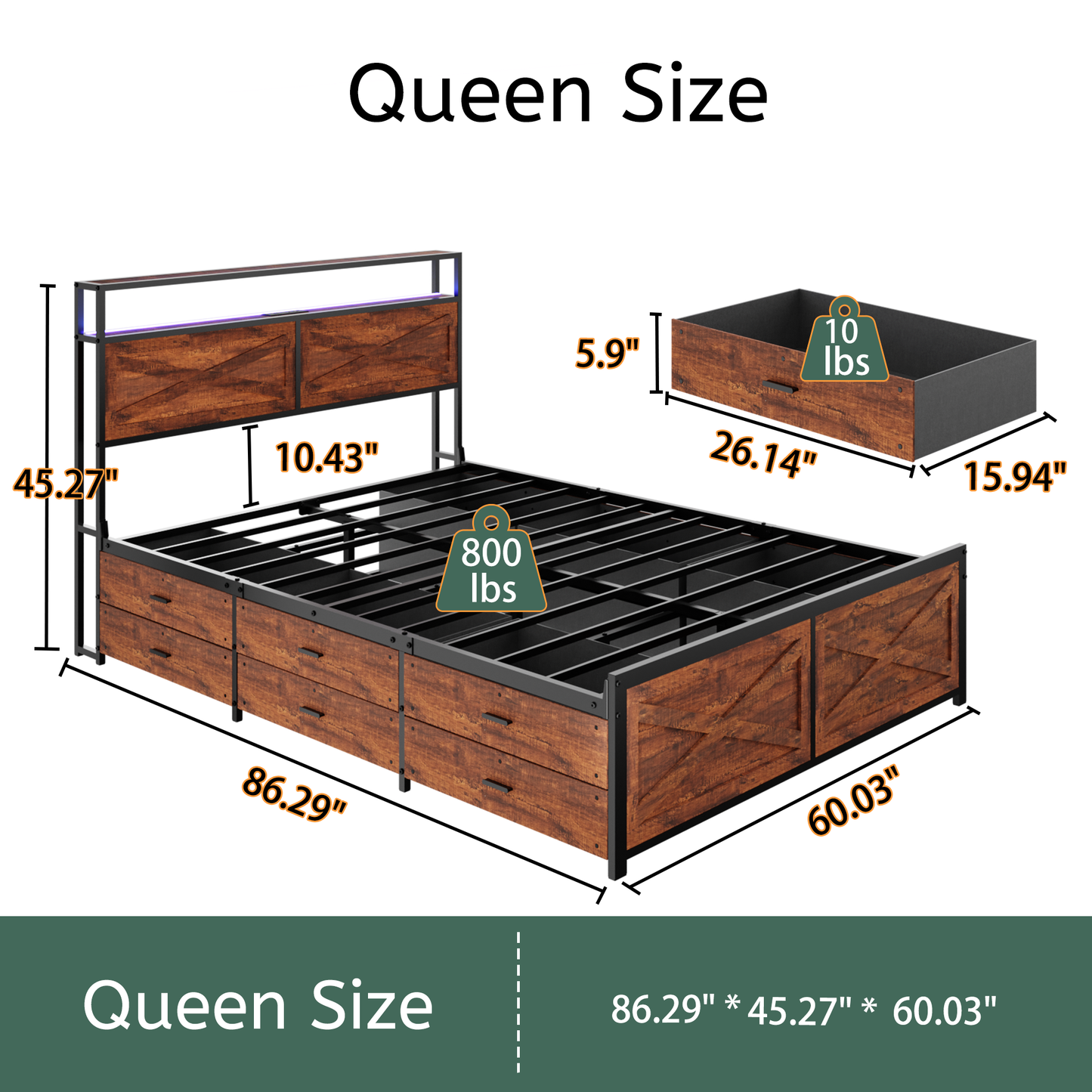 Queen Bed Frame with Storage Headboard and 12 Drawers LED Lights, Metal Platform Non-Slip Without Noise Mattress Foundation Strong Metal Slats Support,No Box Spring Needed image 6