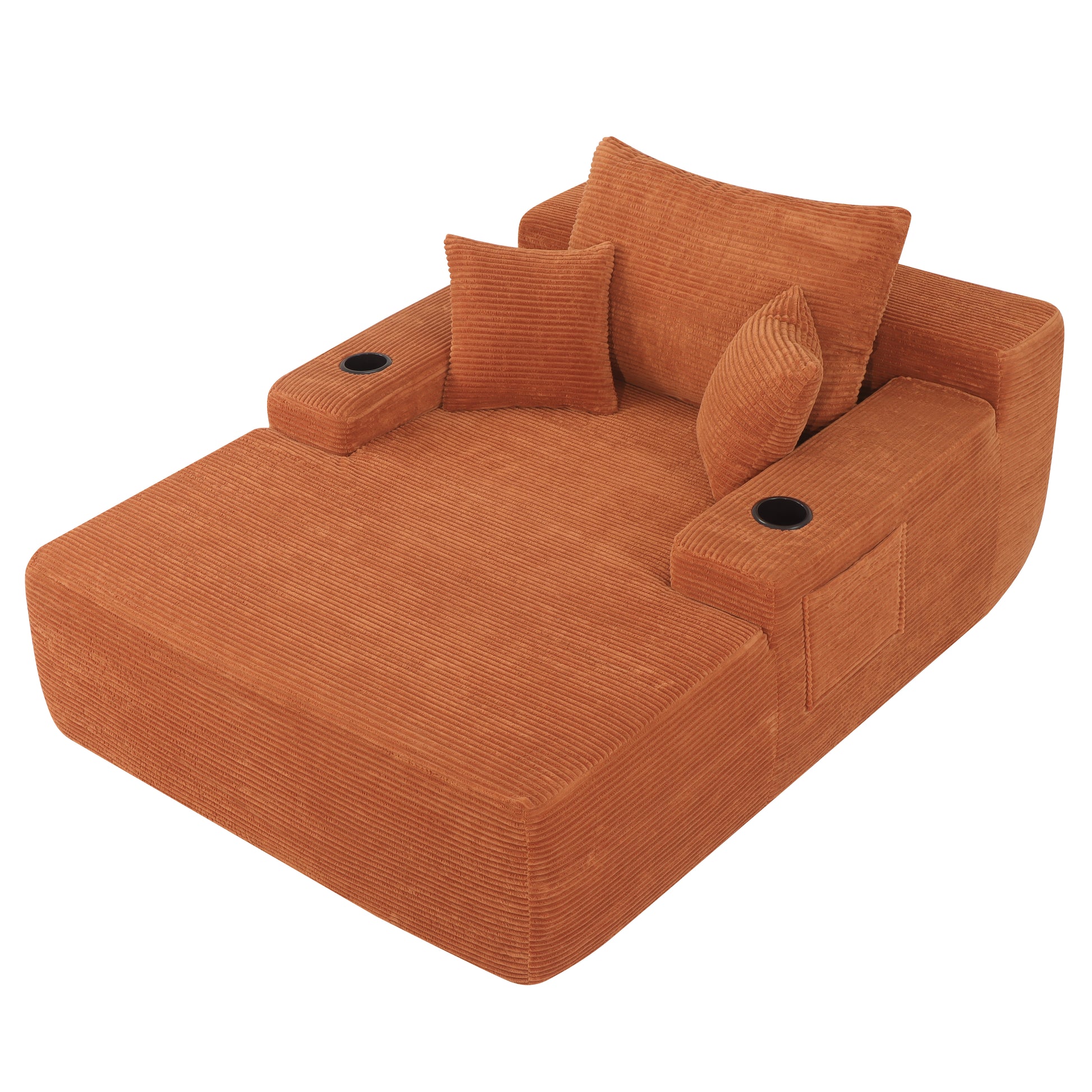 NEW Convertible Chaise Lounge Chair Corduroy with Wide Armrest & Throw Pillows, Cozy Boneless Sleeper Sofa Bed Armchair, with cup holder,for Living Room, Bedroom, No Assembly Required,Orange image 6