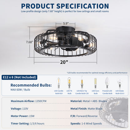 20" Black Industrial Flush Mount Ceiling Fan with Lights, Low Profile Fandelier with E12 Sockets, Reversible DC Motor, 6 Speeds, Quiet Ceiling Fan for Bedroom Kitchen Dining Room Farmhouse image 7