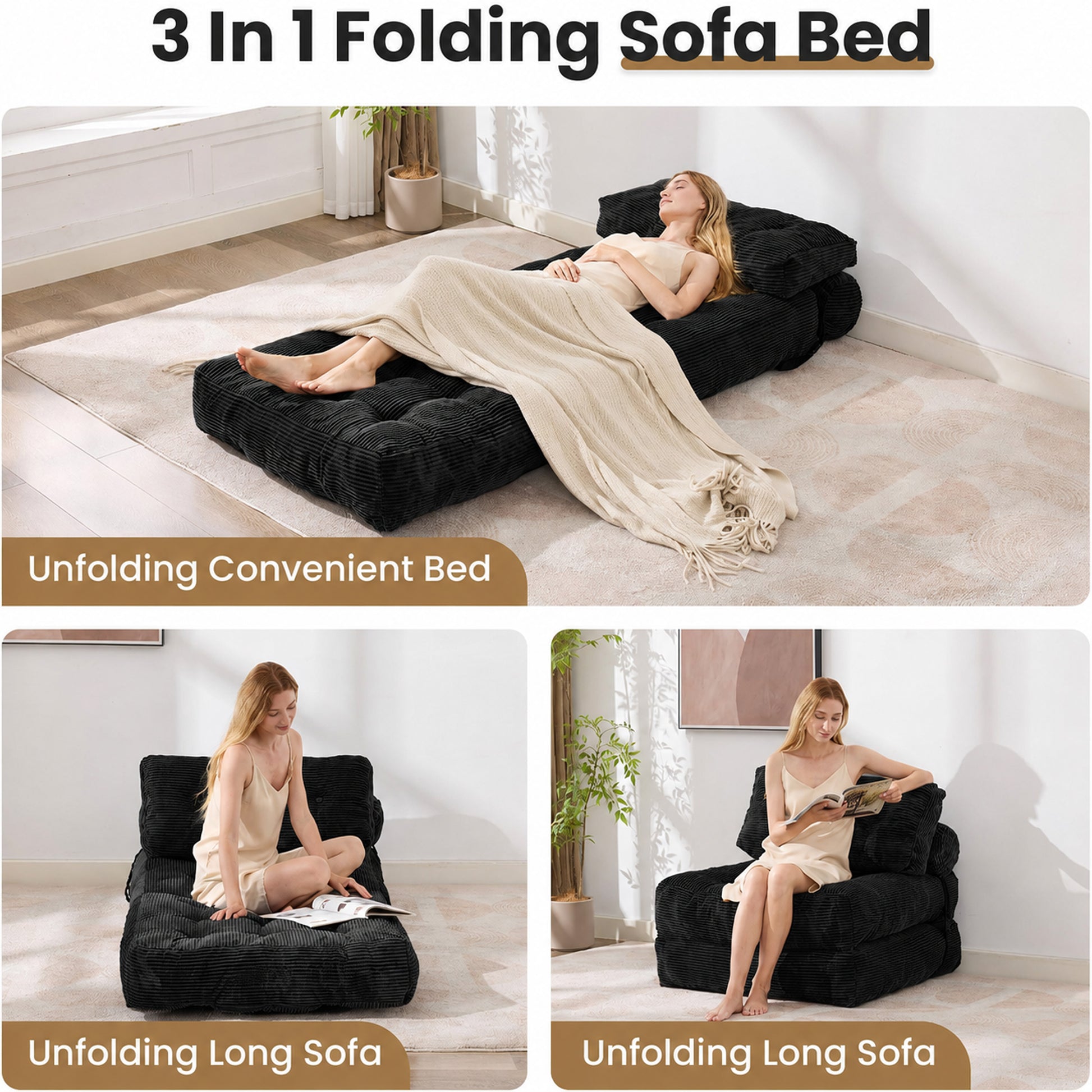 Folding single chair, adjustable and convertible sofa bed, comfortable fluffy lazy sofa in living room, bedroom, apartment, dormitory, black. image 10