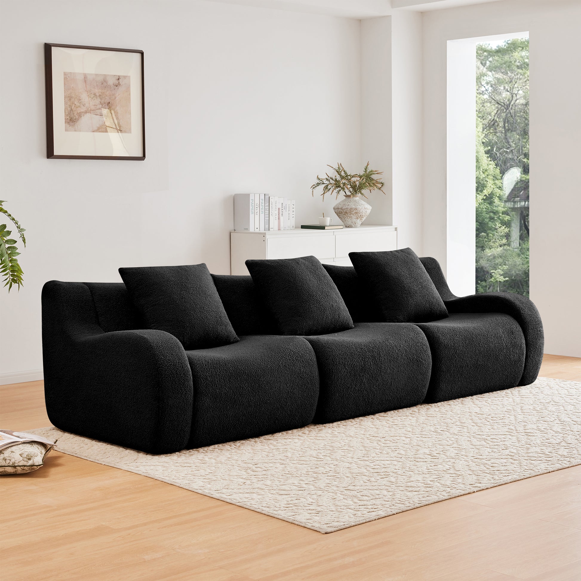 Boneless Sofa,3 Seat High-Quality Teddy Fabric,Anti-Slip Design,No Assembly Curved Armrests Streamlined,32D High Density Sponge For Living Rooms Bedrooms Reading Nook,Black image 1