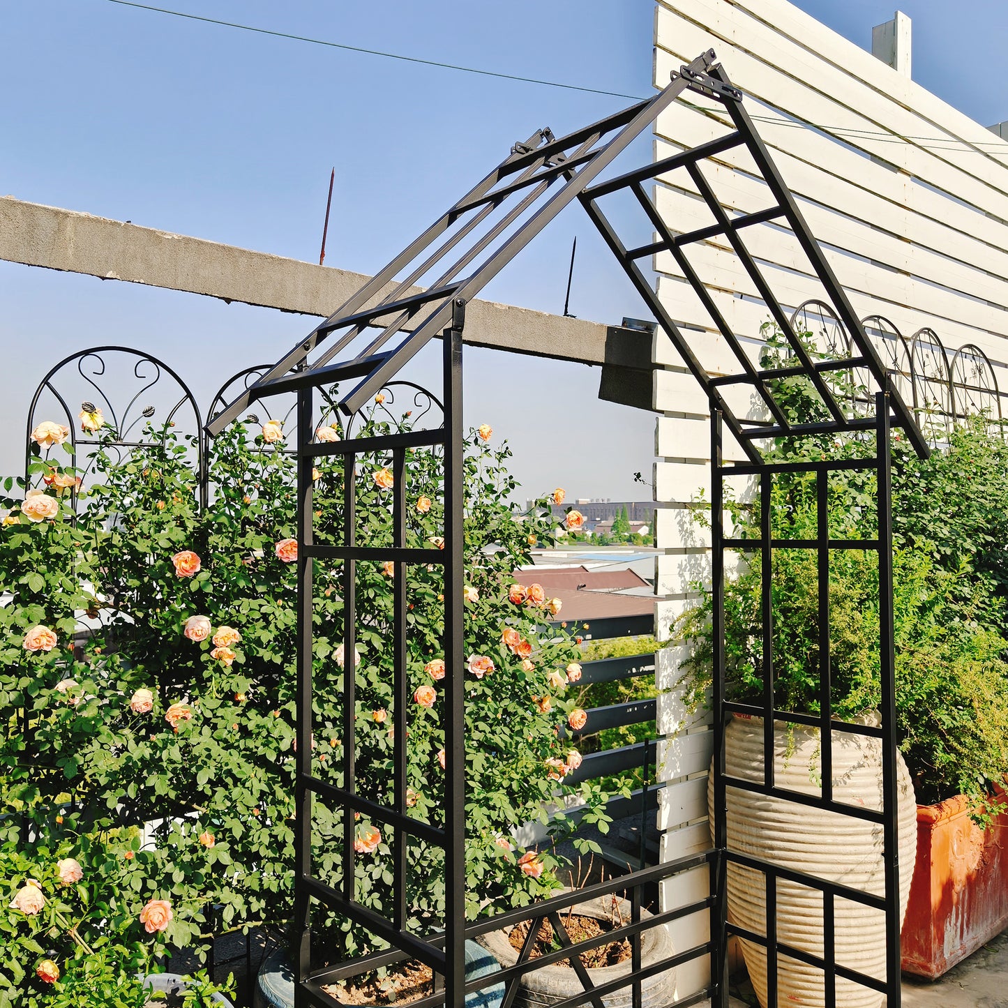 Metal Garden Arch with Bench Turned into Flower Stand W58.07*H97.24 Climbing Plants Support Rose Arch Outdoor Black image 11
