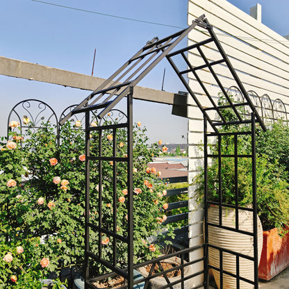 Metal Garden Arch with Bench Turned into Flower Stand W58.07*H97.24 Climbing Plants Support Rose Arch Outdoor Black image 11