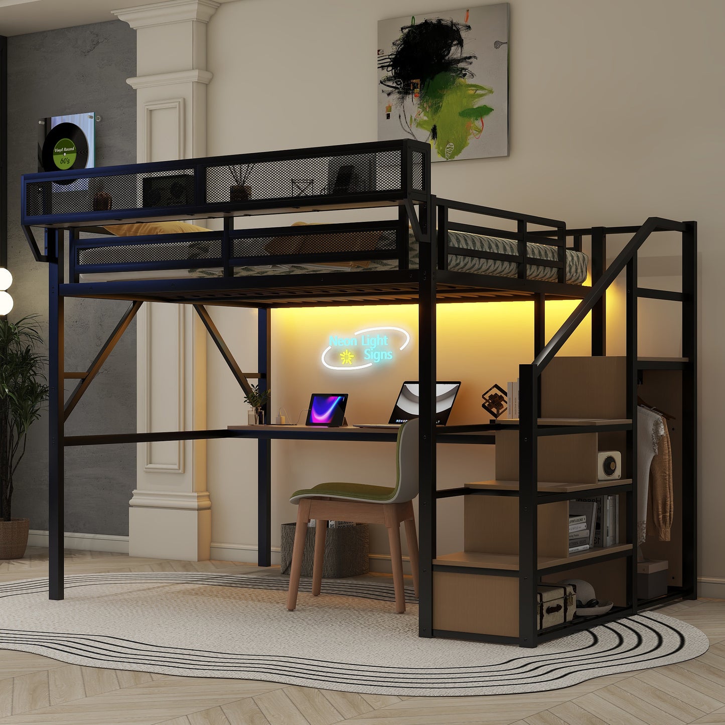 Queen Loft Bed with Desk and Charging Station, Queen Size Metal Loft Bed with Stairs and Light for Kids Teens, Black, Patent Products(OldSKU W2580S00044) image 3