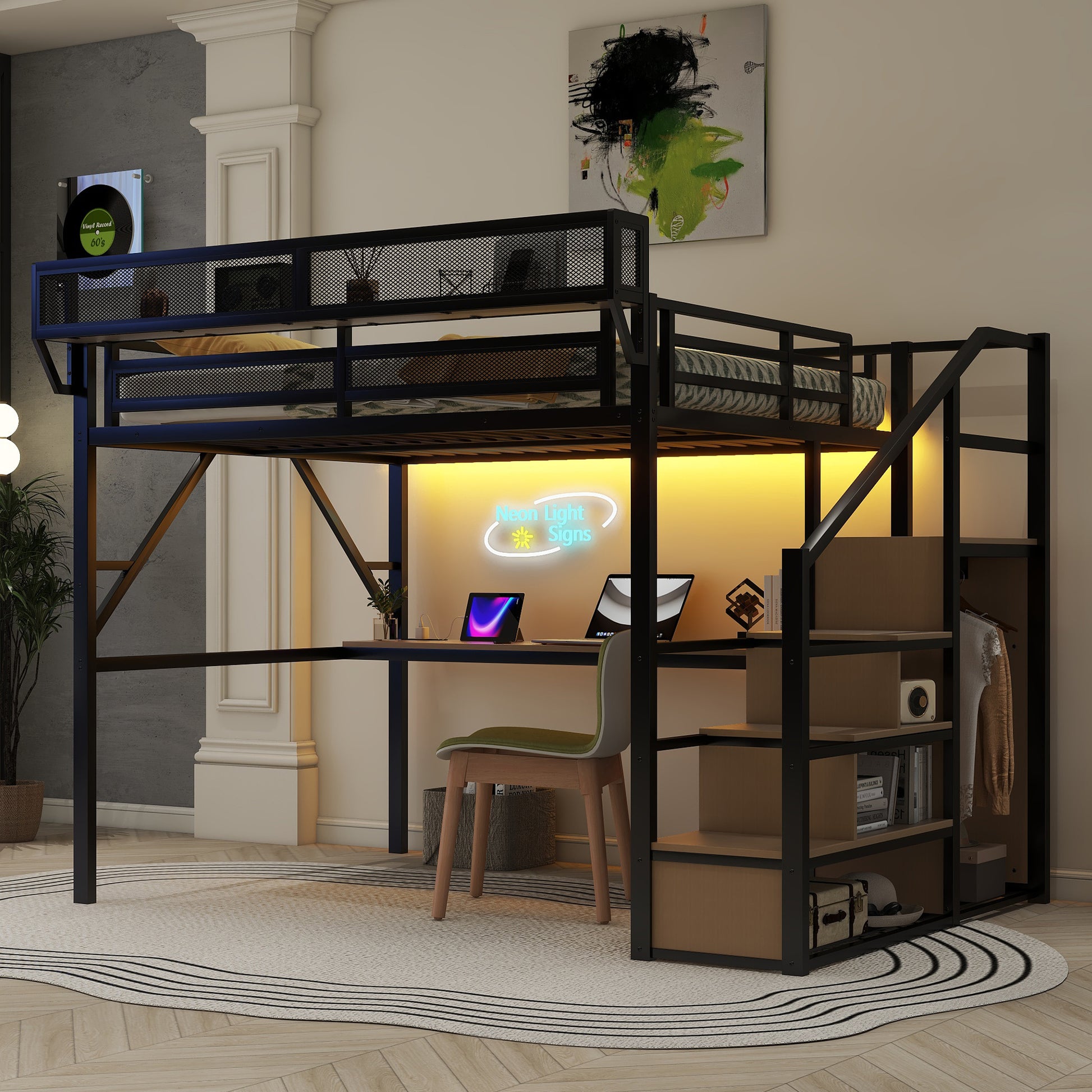 Queen Loft Bed with Desk and Charging Station, Queen Size Metal Loft Bed with Stairs and Light for Kids Teens, Black, Patent Products(OldSKU W2580S00044) image 3