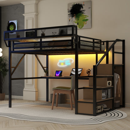 Queen Loft Bed with Desk and Charging Station, Queen Size Metal Loft Bed with Stairs and Light for Kids Teens, Black, Patent Products(OldSKU W2580S00044) image 3