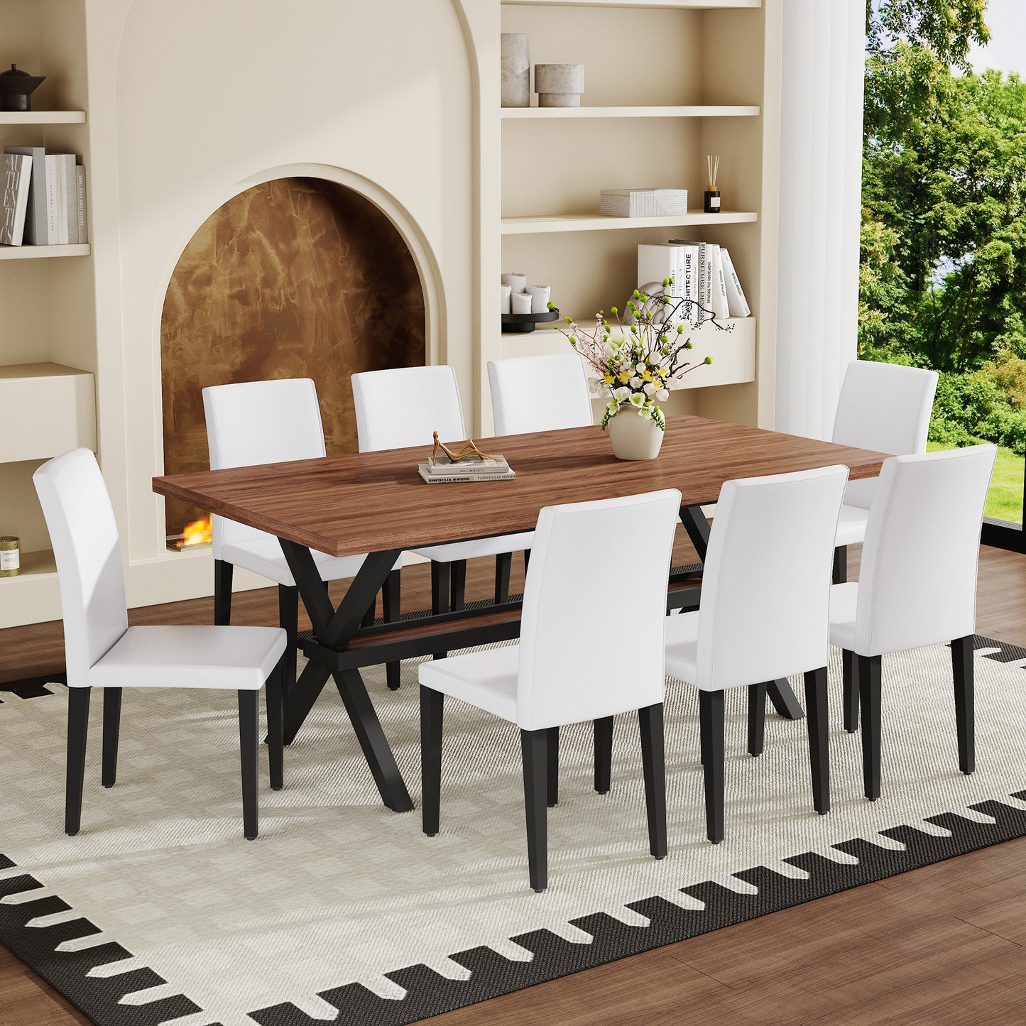 Table and chair set. 71 * 35.4 inch walnut MDF splicing desktop with X-shaped metal frame dining table.Includes 8 white PU dining chairs With Black Metal Legs.Making it an ideal choice for home. image 1