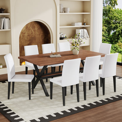 Table and chair set. 71 * 35.4 inch walnut MDF splicing desktop with X-shaped metal frame dining table.Includes 8 white PU dining chairs With Black Metal Legs.Making it an ideal choice for home. image 1
