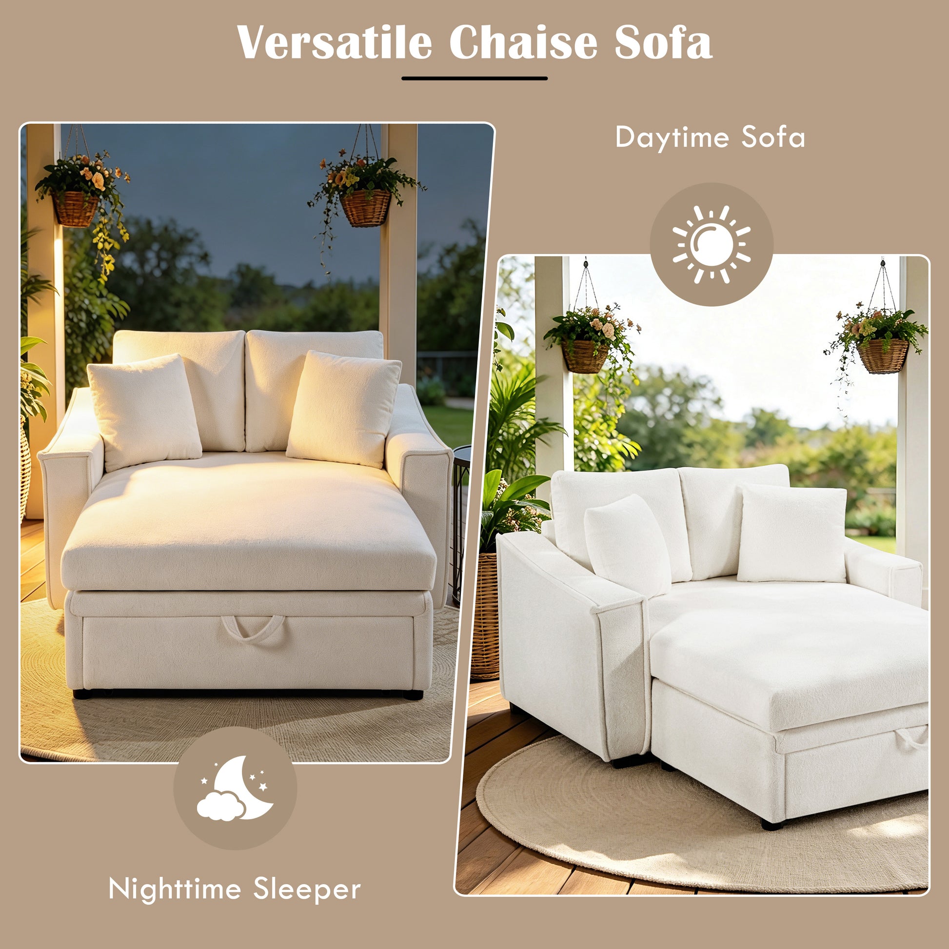 Modern Chaise Sofa 53.5" Sofa Couch Sofa Bed Sleeper Sofa with Pillows and Hidden Storage Space for Living Room, Bedroom, Beige image 10