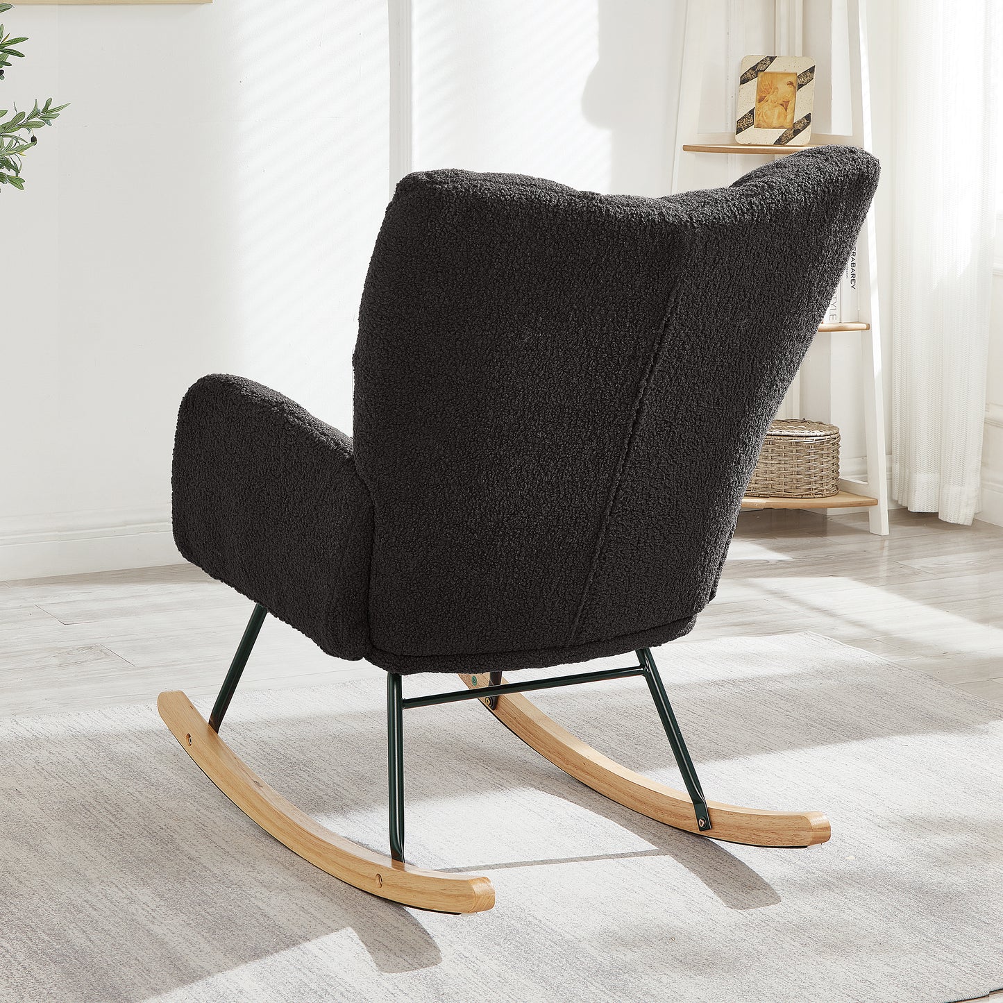 Glider Chair for Living Room Tufted Upholstered Teddy Fabric Rocking Chair with Metal Frame Accent Chair Dark Gray image 4