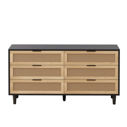 59.06"6-Drawers Rattan Storage Cabinet Rattan Drawer with White Drawer Slides,for Bedroom,Living Room,Black image 4