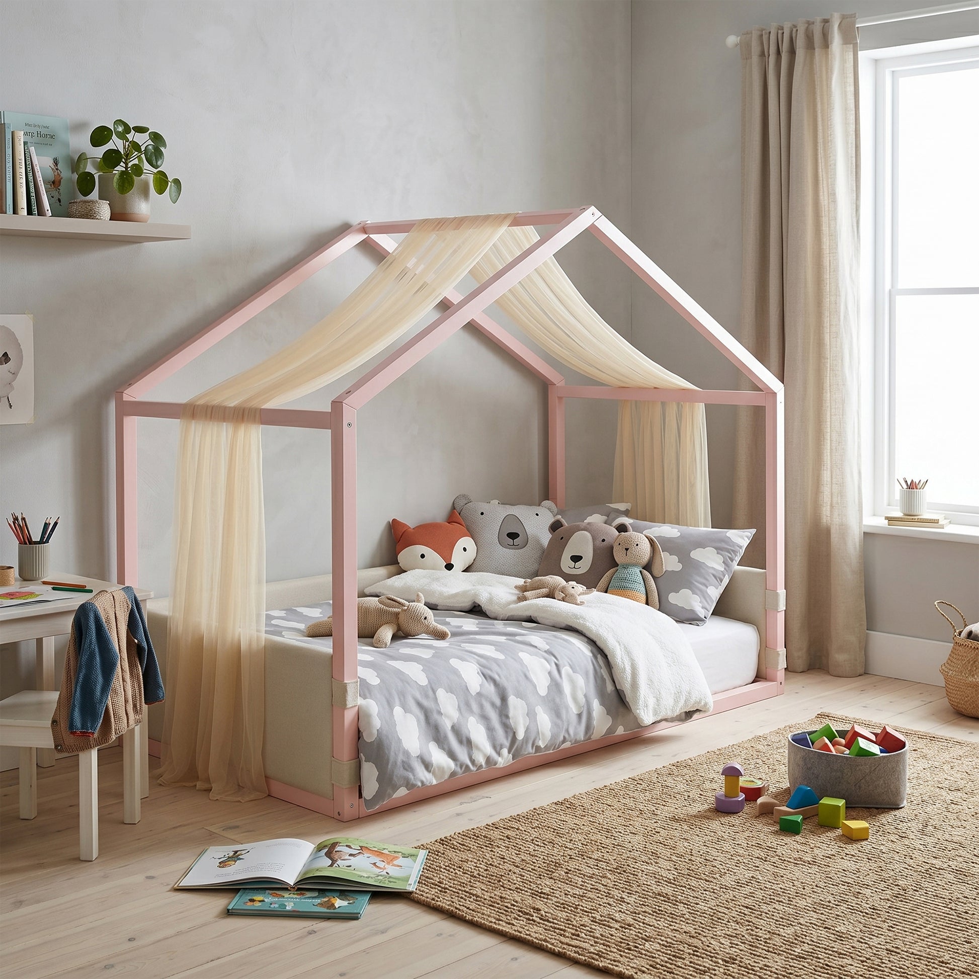 Twin Size Canopy Bed with Upholstered Velvet Side Panels, Breathable Gauze Canopy, Soft-Padded Platform Bed Frame, Easy Assembly Modern Bed for Bedroom, Guest Room-Pink image 1