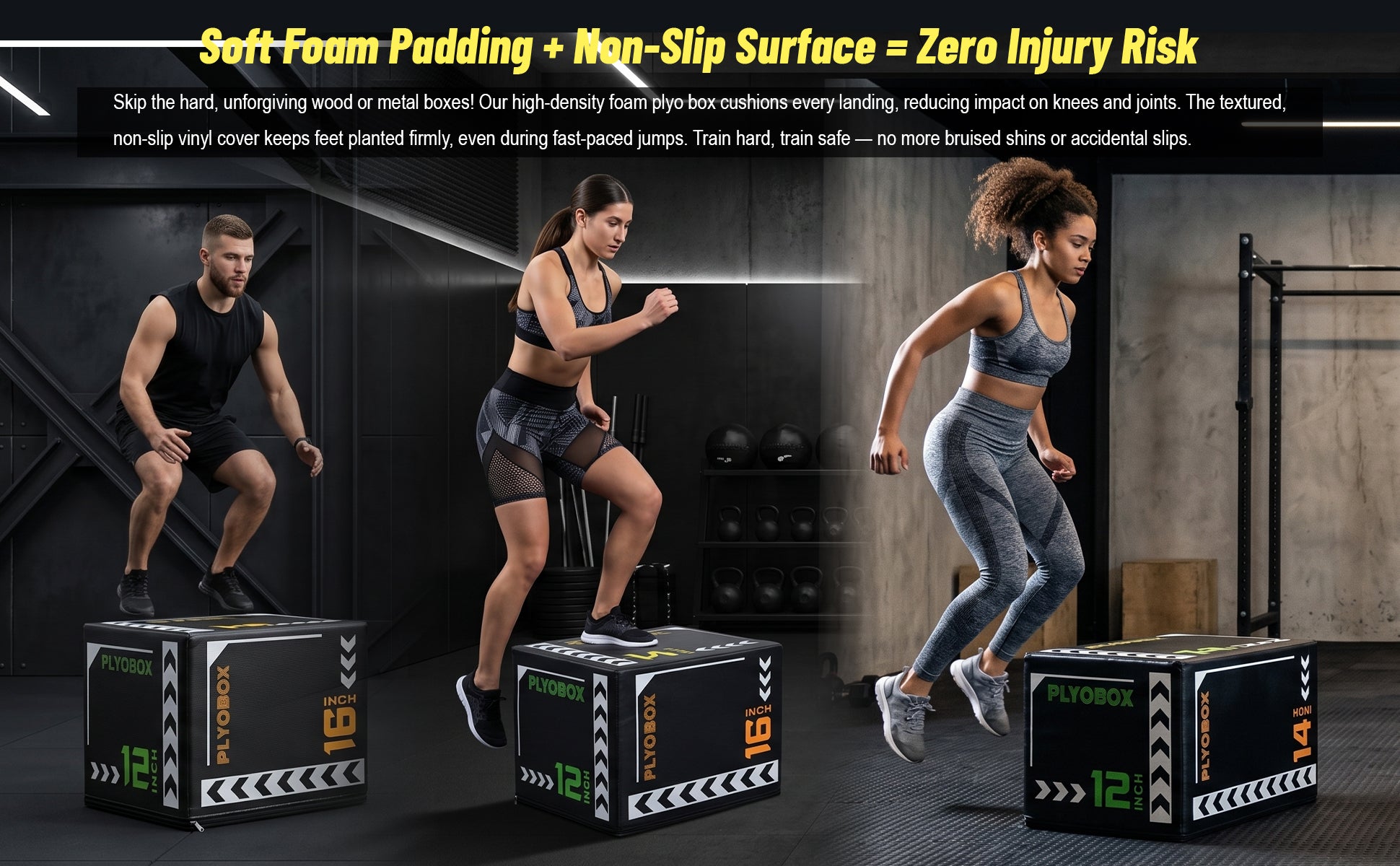 3-in-1 Foam Plyometric Jump Box, 12/14/16 Inch Multi-Height Soft Plyo Box, High-Density EPE Core with Non-Slip PVC Cover, for Beginners, Kids, Home Gym & Rehab Training image 2