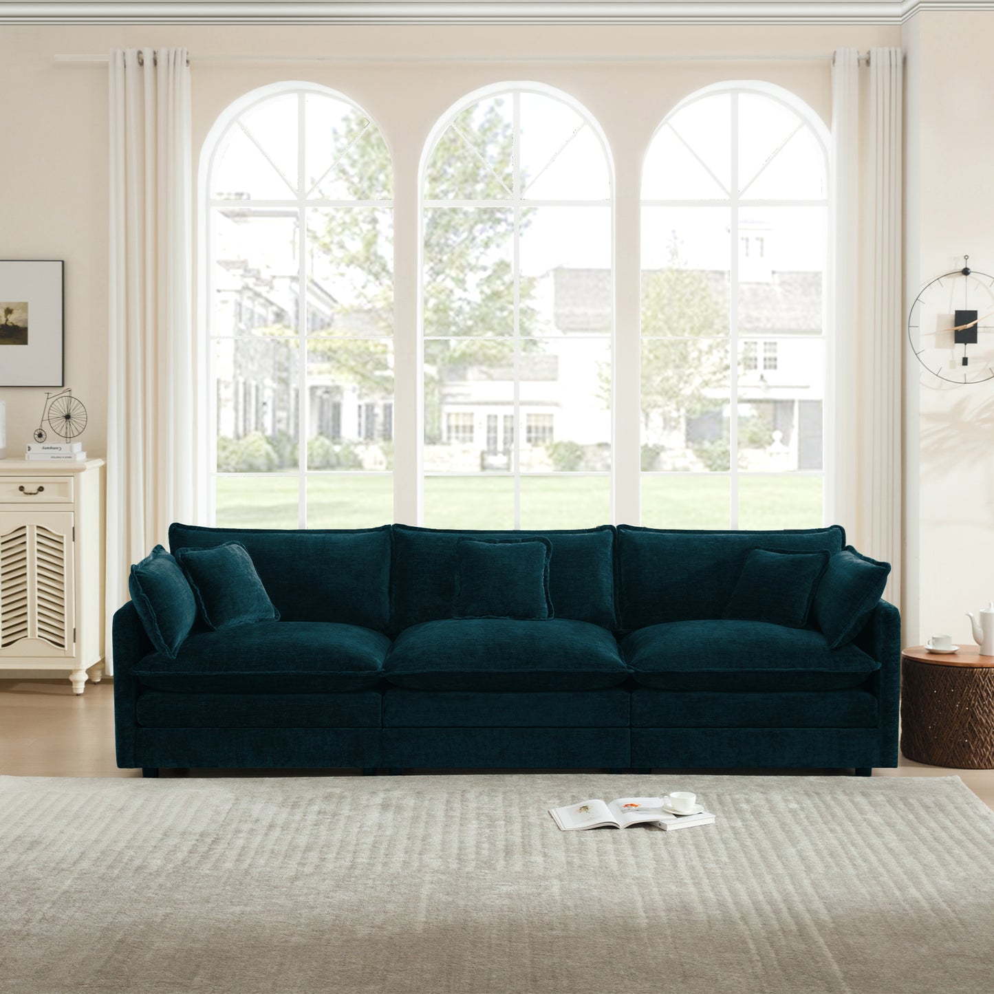 Mid-Century Modern Couch 3-Seater Sofa with 2 Armrest Pillows and 3 Toss Pillows, Couch for Living Room Blue Chenille image 2