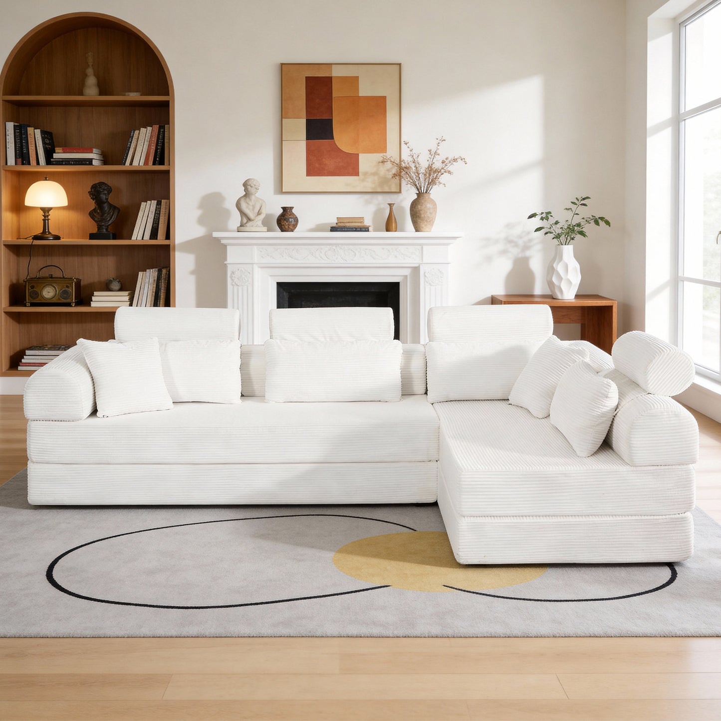 L shape Modular Sectional Sofa, Compressed Sectional Sofa Modern Minimalist Style Corduroy Couch,Unfold into a bed, Bedroom, Comfy Compressed Sofa Couch Space-Efficient Design(Beige) image 2