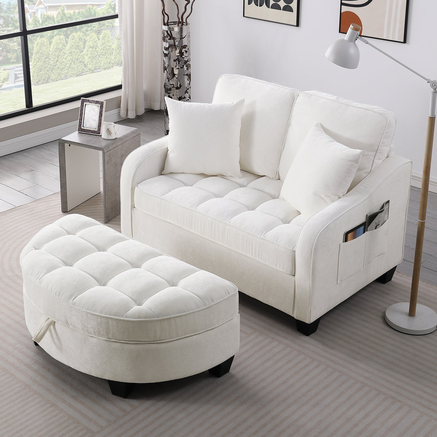 Two-seater sofa, double sofa chaise longue, with irregular armrests and backrests, footrest with storage space, comes with two small throw pillows, suitable for living room and bedroom - Beige image 3