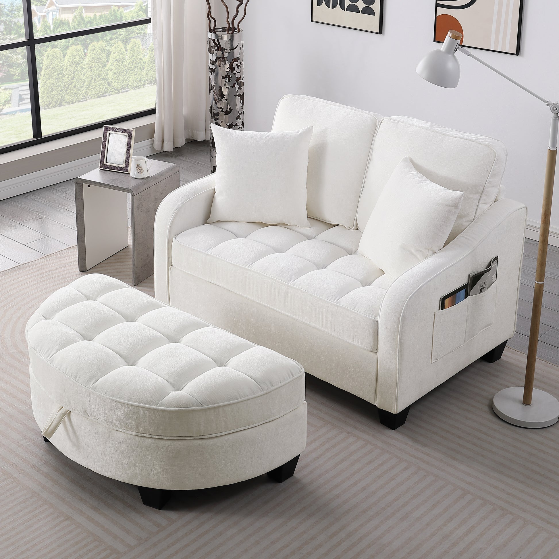 Two-seater sofa, double sofa chaise longue, with irregular armrests and backrests, footrest with storage space, comes with two small throw pillows, suitable for living room and bedroom - Beige image 3