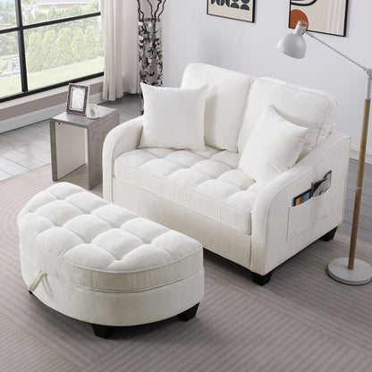 Two-seater sofa, double sofa chaise longue, with irregular armrests and backrests, footrest with storage space, comes with two small throw pillows, suitable for living room and bedroom - Beige image 3