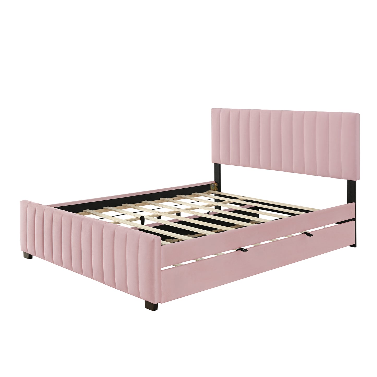 Queen Size Velvet Upholstered Platform Bed with Twin XL Size Trundle, Pink image 5