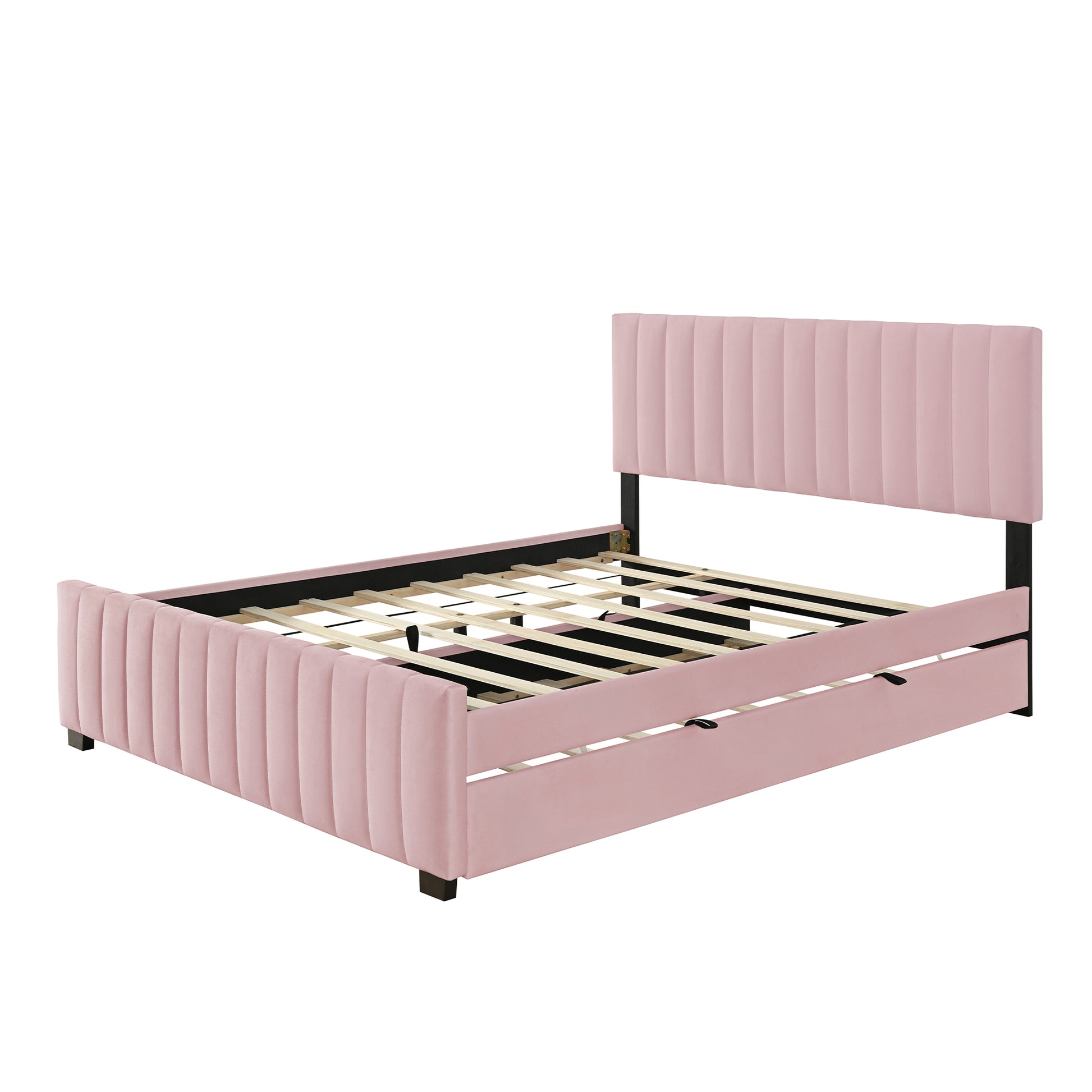 Queen Size Velvet Upholstered Platform Bed with Twin XL Size Trundle, Pink image 5