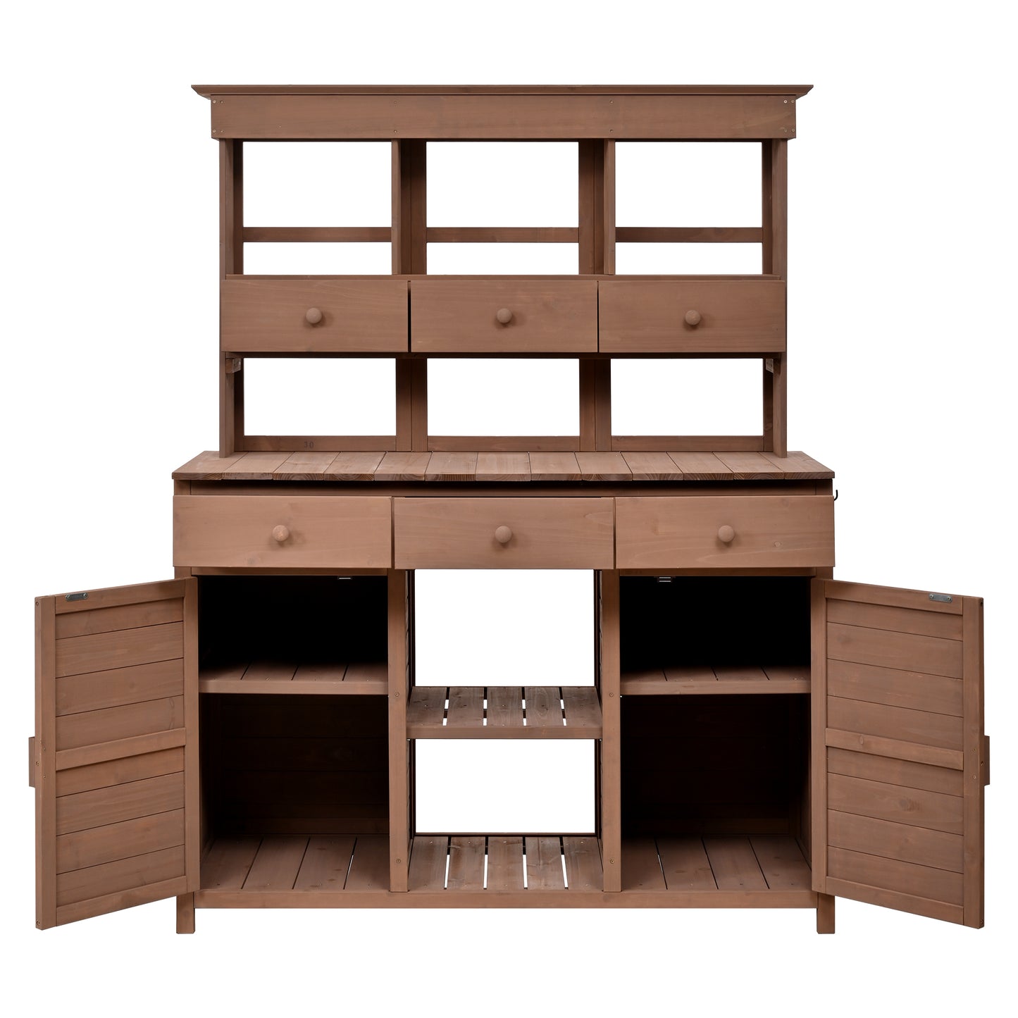 [Assembly Video Provided] TOPMAX 65.7'' H Tall Garden Potting Bench Table with Hutch,Patio Storage Workstation with 3 Shelves,6 Drawers,2 Bottom Cabinets&Side Hooks for Mudroom,Doorway, Brown image 11