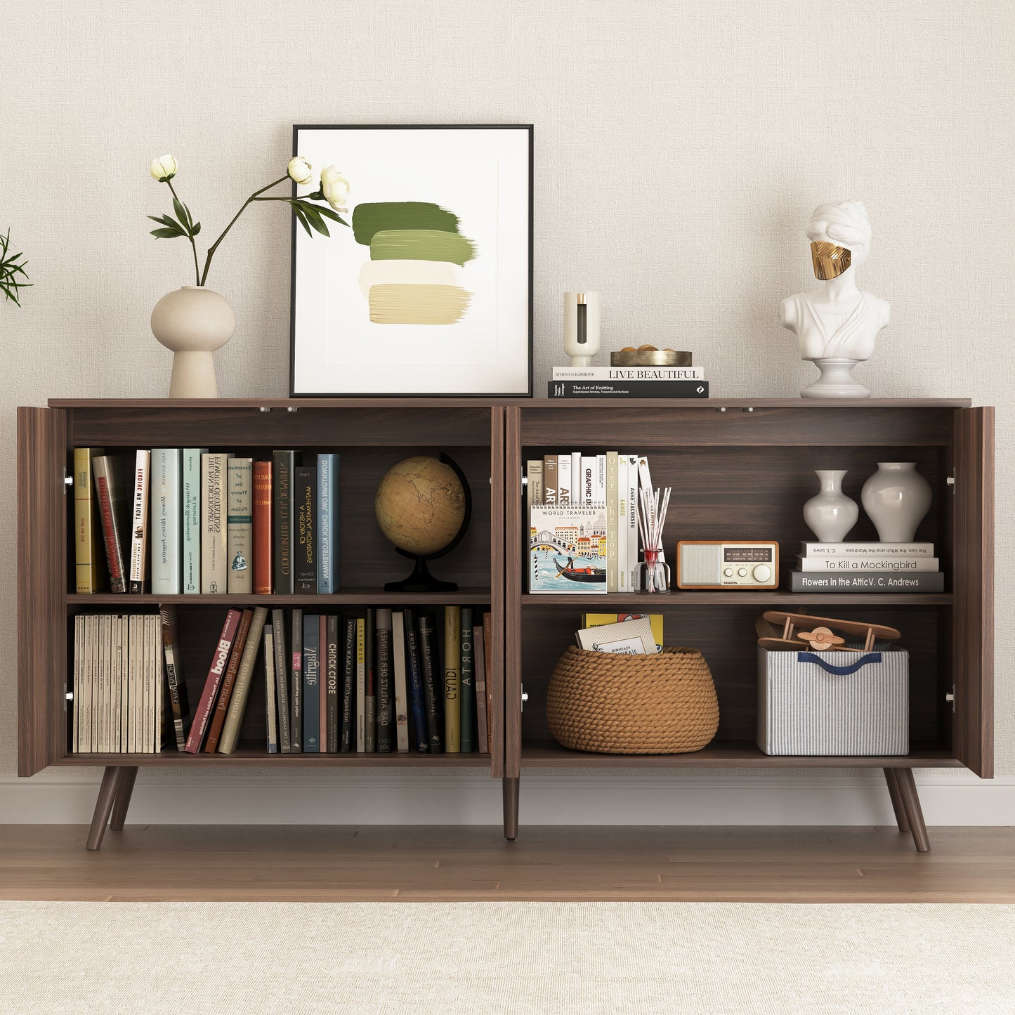 Sideboard Buffet Cabinet with Storage, Long Sideboard Storage Cabinet with 4 Doors, Wood Credenza Console Coffee Bar Cabinets with Adjustable Shelves for Living Room Kitchen Dining Room Walnut image 12