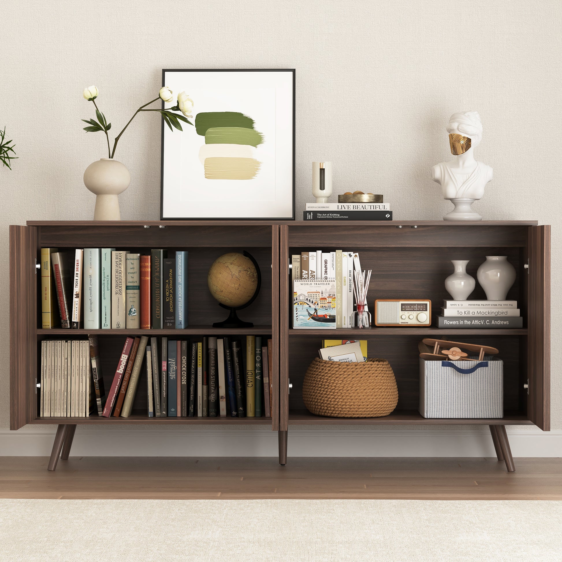 Sideboard Buffet Cabinet with Storage, Long Sideboard Storage Cabinet with 4 Doors, Wood Credenza Console Coffee Bar Cabinets with Adjustable Shelves for Living Room Kitchen Dining Room Walnut image 12