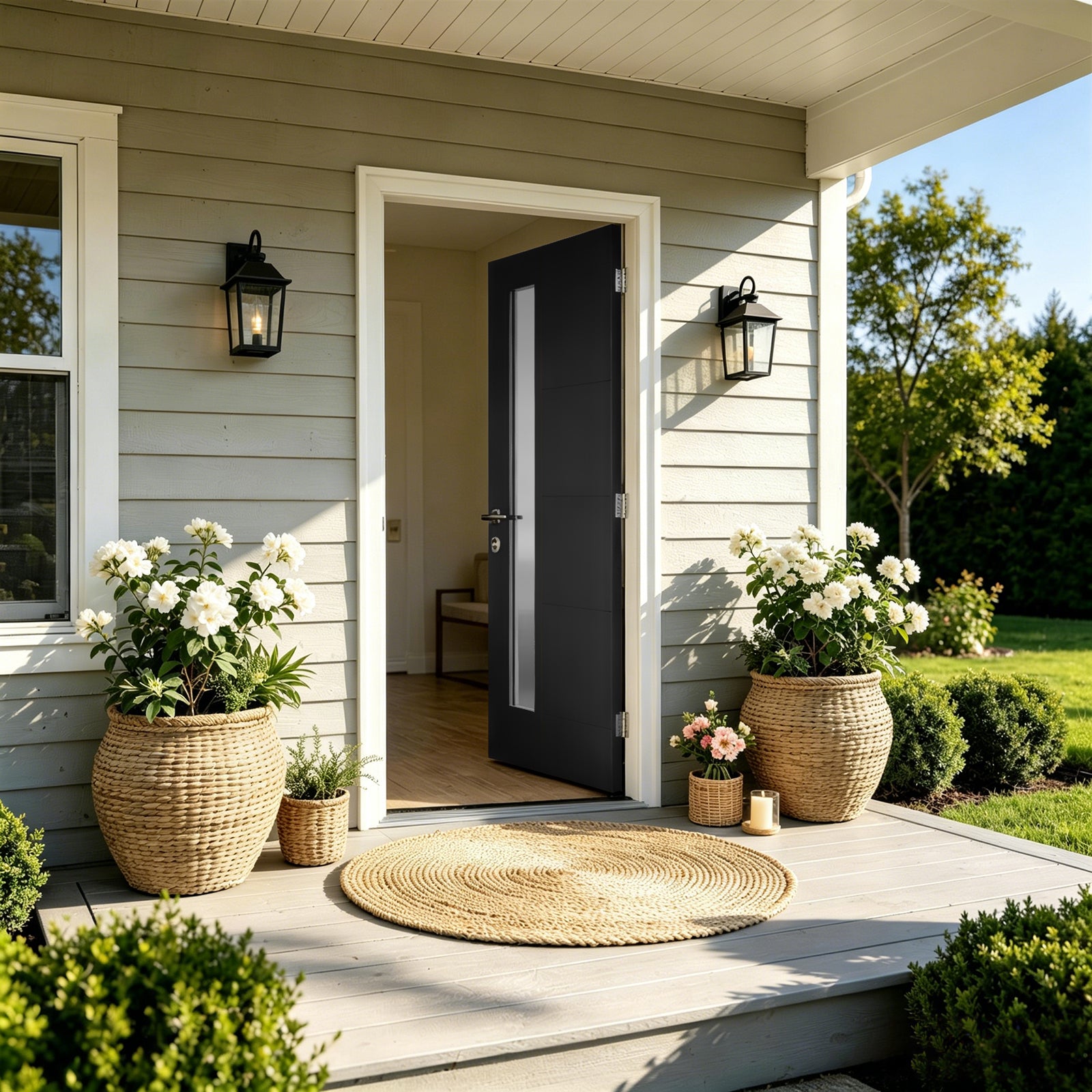 36"x80" Fiberglass Front Door with White 4-9/16" PVC Frame,Right-Hand Inswing Exterior Door with Brickmould,Contemporary minimalist brushed skin & Grooved line with frosted glass for Home Entrance, Bl image 2