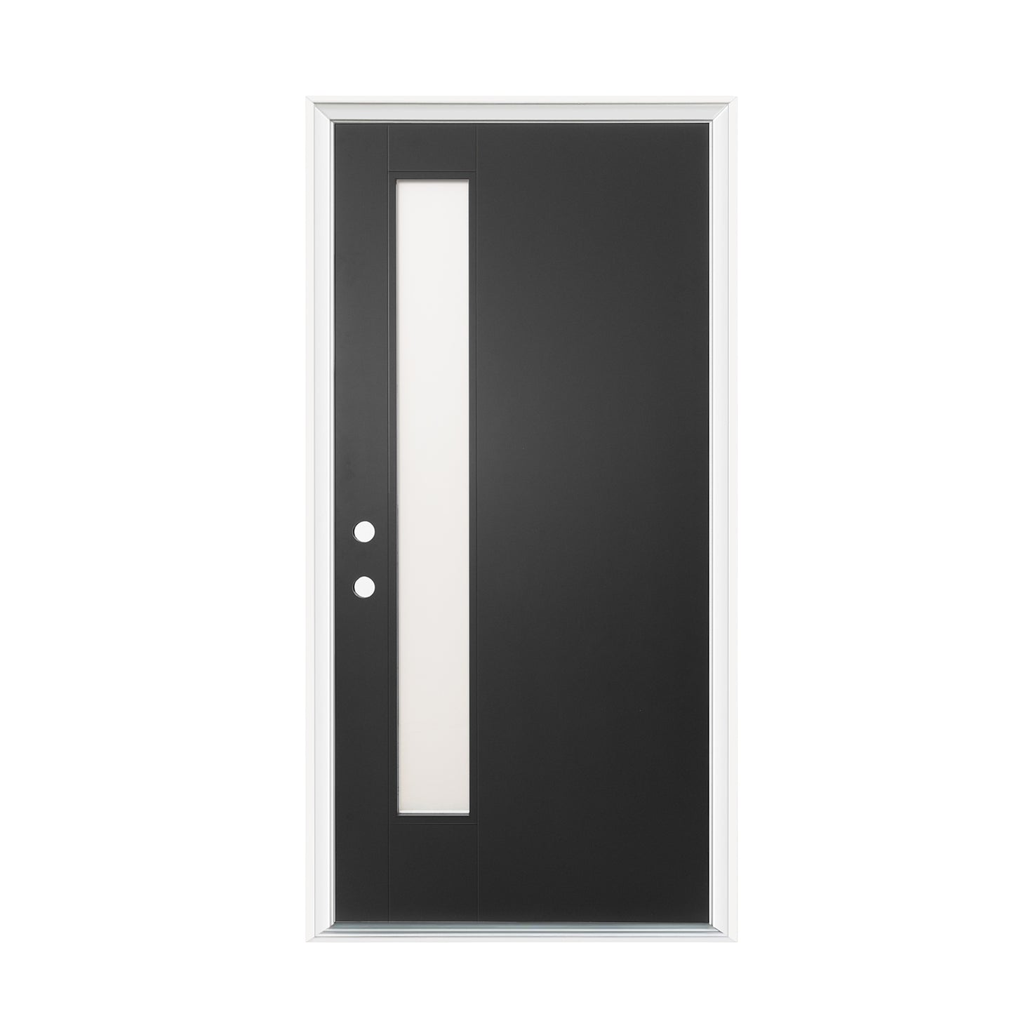 36"x80" Fiberglass Front Door with White 4-9/16" PVC Frame,Right-Hand Inswing Exterior Door with Brickmould,Contemporary minimalist smooth skin with frosted glass for Home Entrance, Black image 3