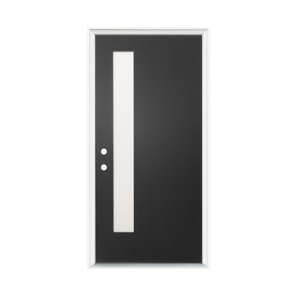 36"x80" Fiberglass Front Door with White 4-9/16" PVC Frame,Right-Hand Inswing Exterior Door with Brickmould,Contemporary minimalist smooth skin with frosted glass for Home Entrance, Black image 3