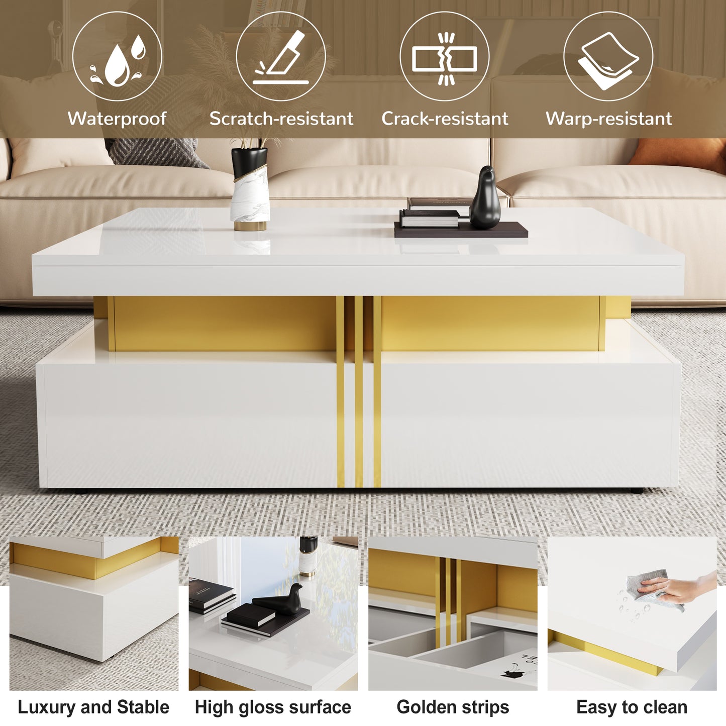 Modern Glossy Square Storage Coffee Table with 4 Drawers, 43.3", White image 9