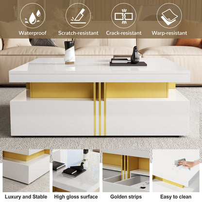 Modern Glossy Square Storage Coffee Table with 4 Drawers, 43.3", White image 9