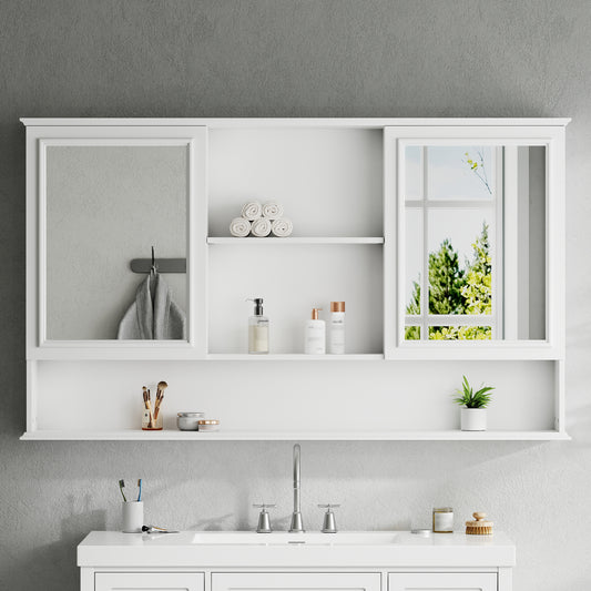 [Video] 60" Wall-Mounted Bathroom Medicine Cabinet with Double Mirrored Doors, Adjustable Shelves, Open Storage, Soft-Close Hinges, White image 1