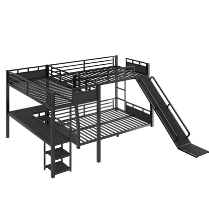 L-Shaped Metal Bunk Bed (Top bed:Full/FullXL, bottom bed: Queen) with Twin XL Loft Bed, Desk, and Storage Shelves,USB Charging Port Included - Metal Triple Bunk Bed with Slide,Black image 8