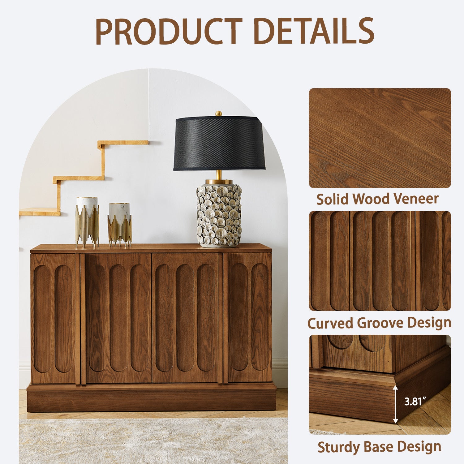 Mid Century Modern Fluted Sideboard Cabinet with Adjustable Shelves & Sturdy Base, Buffet Cabinet with Storage, Storage Cabinet for Living Room Entryway Hallway Dining Room Kitchen, Walnut image 9