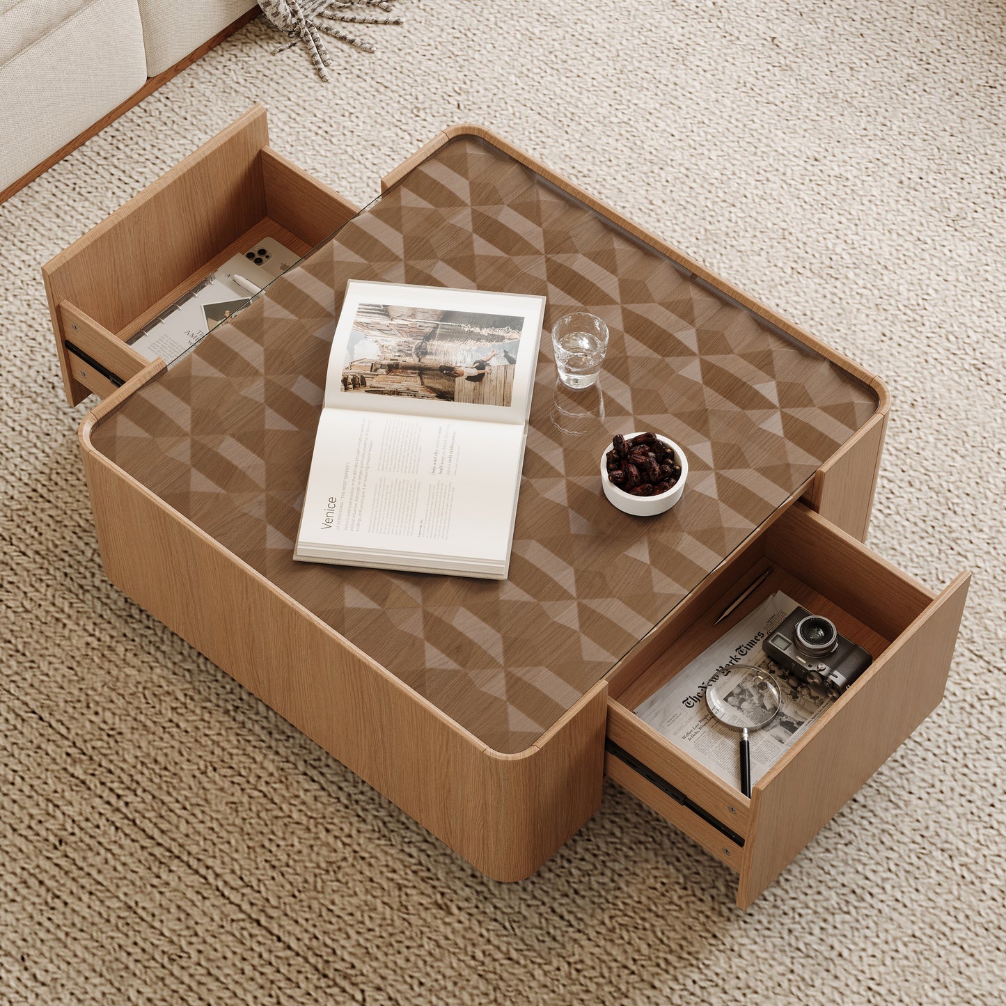 31.5-Inch Square Coffee Table with Storage Drawers,Modern Wooden Coffee Table with Glass Top,Tea Table Center Tables for Living Room Office,Walnut image 4