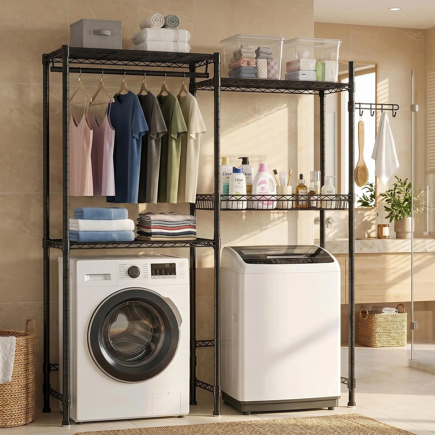 Over Washer and Dryer Shelves, 4 Tier Laundry Room Clothes Drying Rack Wire Basket & Rotating Side Hook, Heavy Duty Laundry Drying Rack, Space Saving and Adjustable Shelves, Black image 5