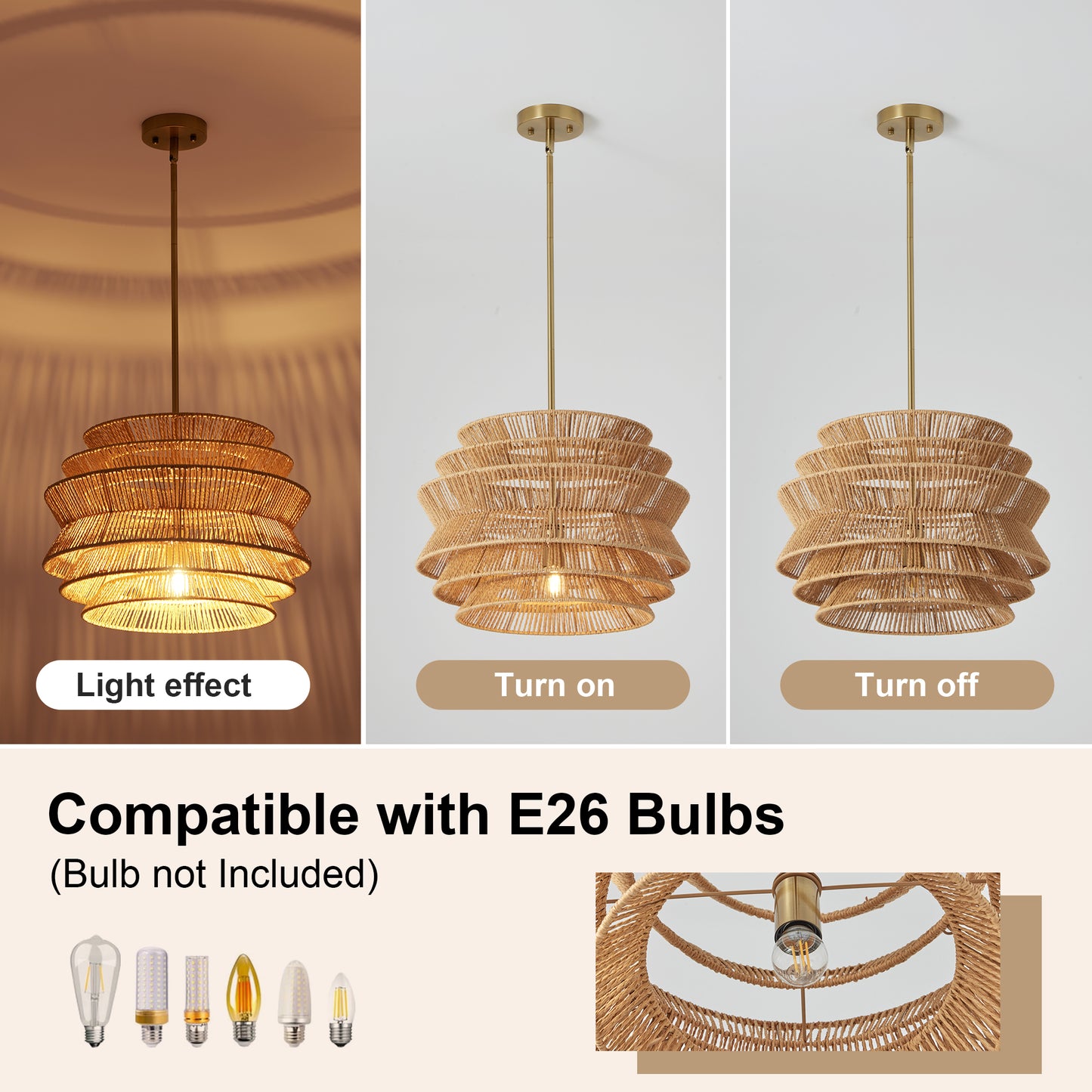 17.3" Rattan Pendant Light,Hand-Woven Rustic Wicker Hanging Light Seagrass Ceiling Chandelier,Water Plants Rattan Chandelier for Dining Living Bedroom Kitchen Farmhouse image 8