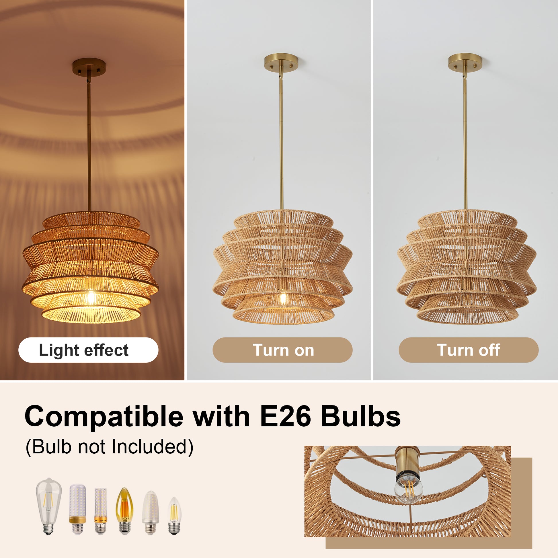 17.3" Rattan Pendant Light,Hand-Woven Rustic Wicker Hanging Light Seagrass Ceiling Chandelier,Water Plants Rattan Chandelier for Dining Living Bedroom Kitchen Farmhouse image 8
