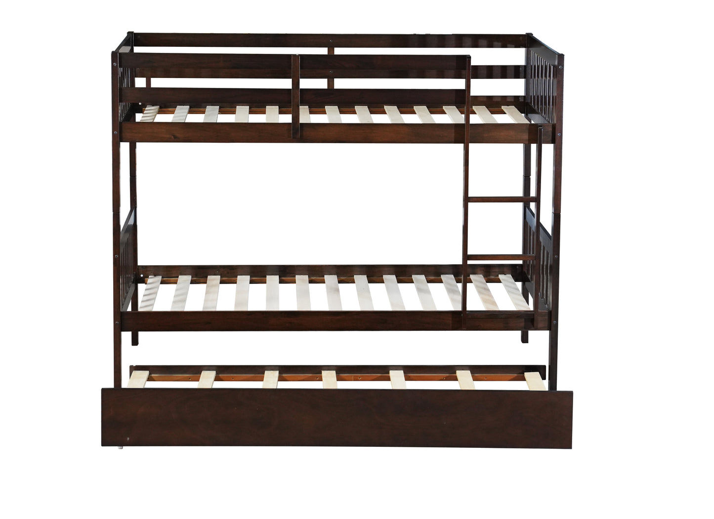 Twin Over Twin Rubber Wood Bunk Bed with Trundle, Convertible into Twin Size Beds, Twin Size Bunk Bed with Ladder and Safety Guardrails,Espresso image 2