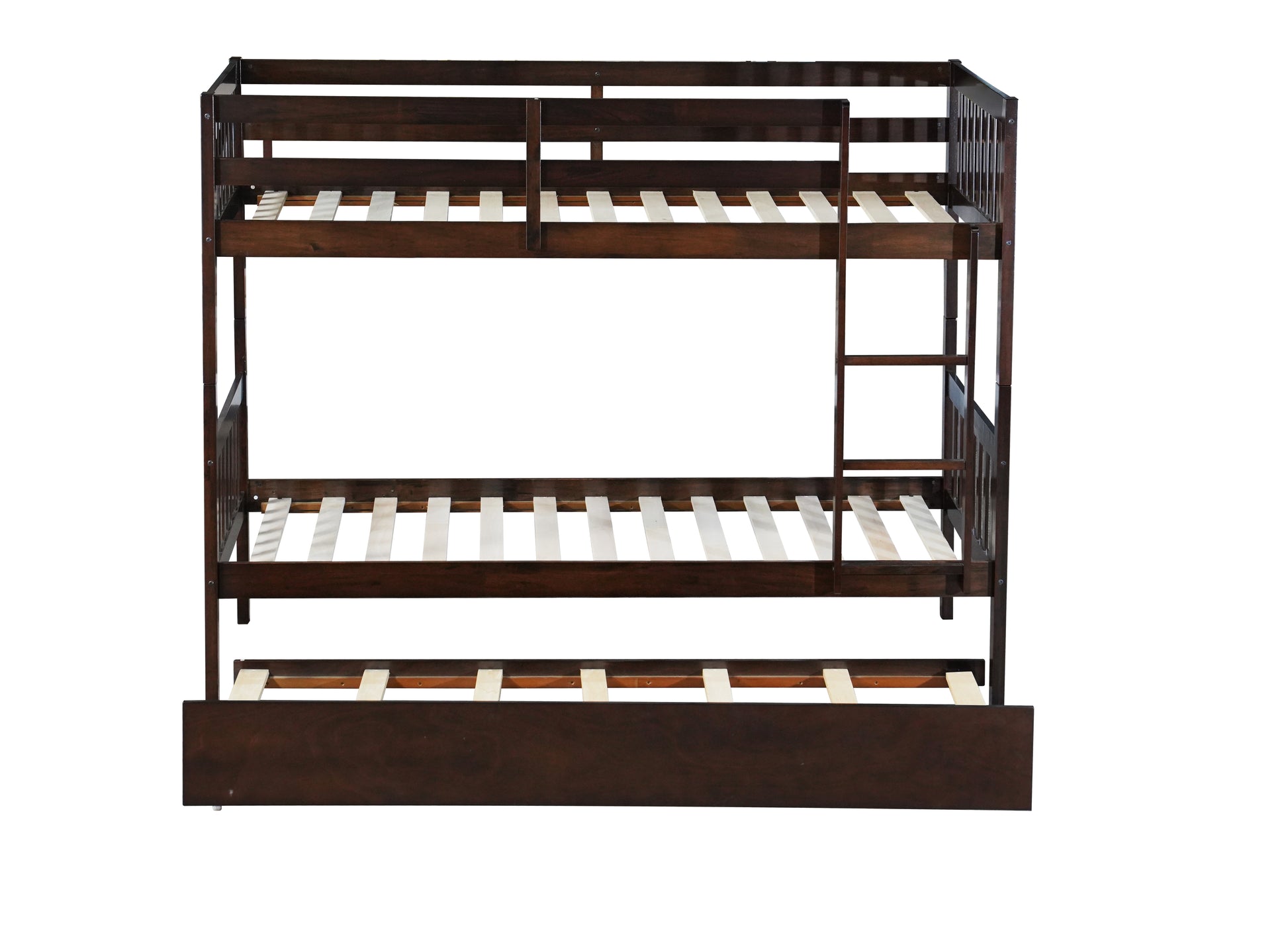 Twin Over Twin Rubber Wood Bunk Bed with Trundle, Convertible into Twin Size Beds, Twin Size Bunk Bed with Ladder and Safety Guardrails,Espresso image 2