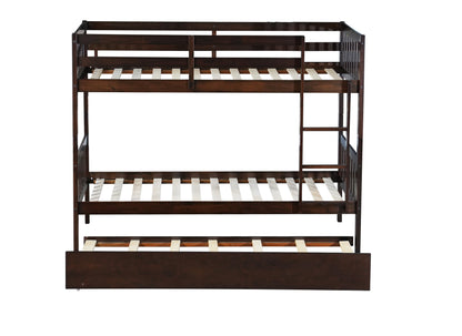 Twin Over Twin Rubber Wood Bunk Bed with Trundle, Convertible into Twin Size Beds, Twin Size Bunk Bed with Ladder and Safety Guardrails,Espresso image 2
