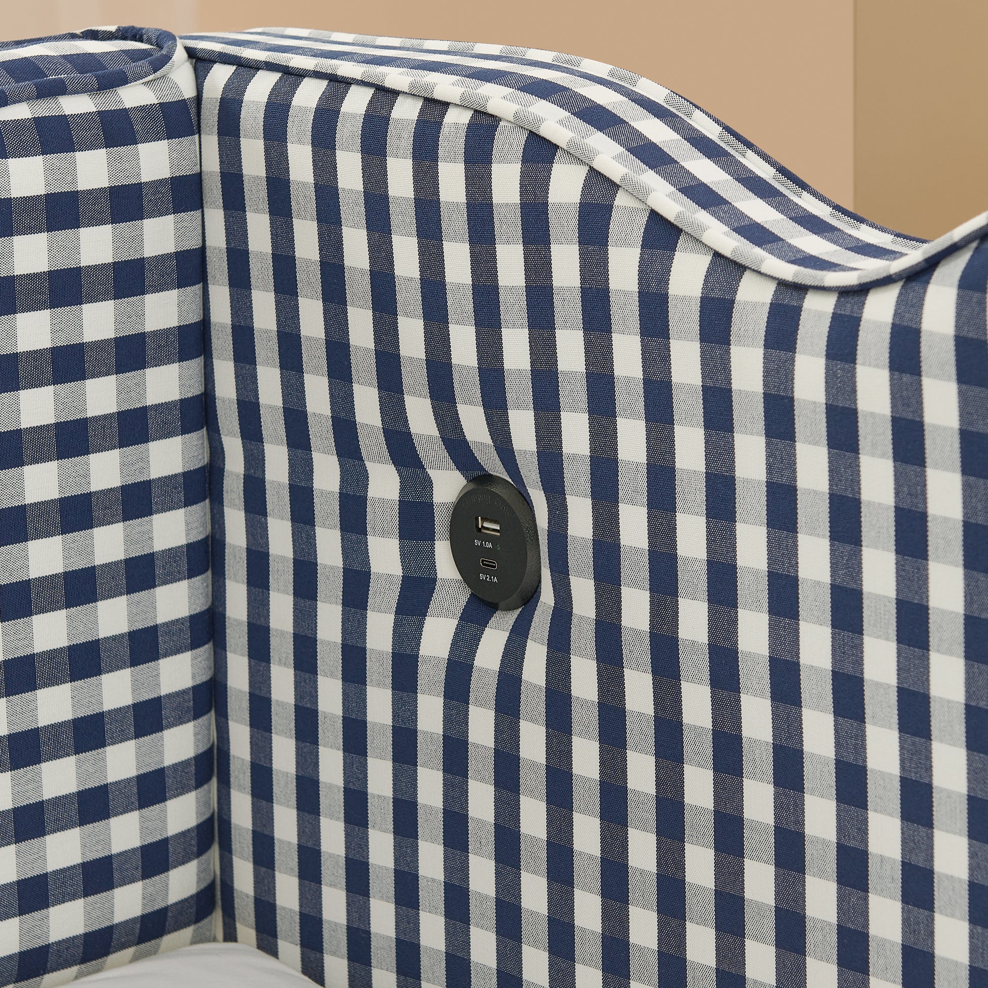 Cozy Gingham Daybed with Trundle Twin Size Sofa Bed No Box Spring Needed, with USB Port and Adorable Wave Shaped, Linen Fabric, Navy image 8