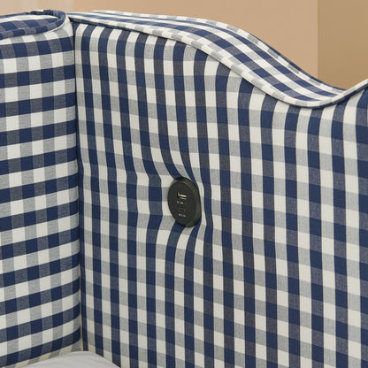 Cozy Gingham Daybed with Trundle Twin Size Sofa Bed No Box Spring Needed, with USB Port and Adorable Wave Shaped, Linen Fabric, Navy image 8