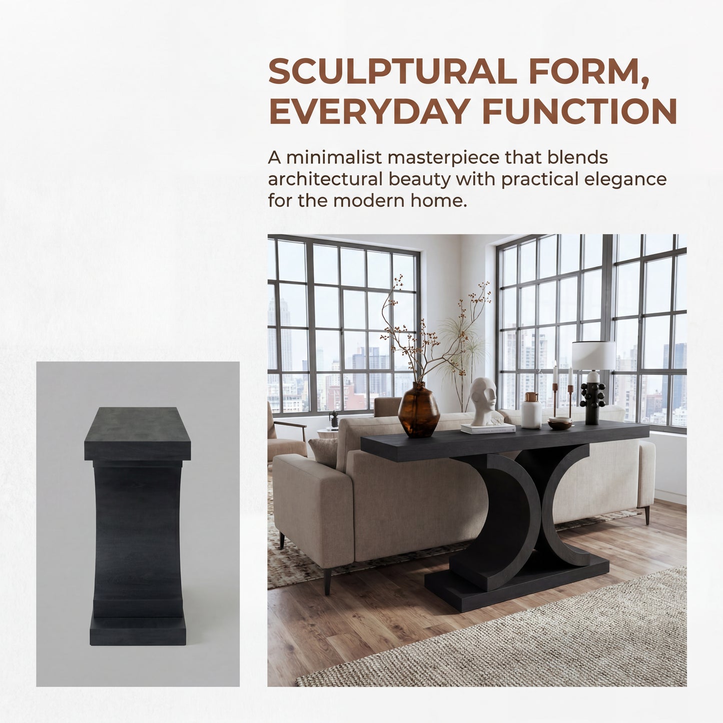 60" Black Console Table, Modern Narrow Sofa Table with Sculptural Curved Base, MDF with Real Wood Veneer Entryway Table, for Living Room, Hallway, Foyer, Black Oak image 8